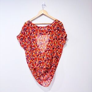 BCBGENERATION Multicolor Abstract‎ Print Sheer Open Back High Low Blouse Medium